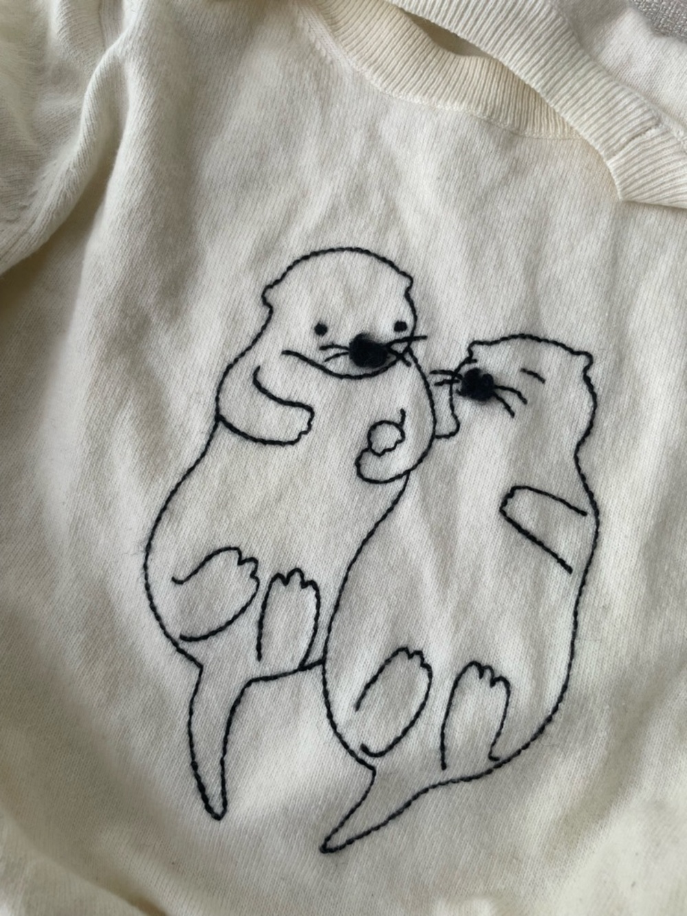 J.Crew Otter Sweater Small Merino Wool Blend Novelty Embroidered Knit Cream - Picture 4 of 7